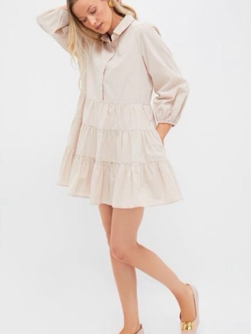 Tuckernuck Pomander Place Tiered Mabel Mini Dress in Light Beige